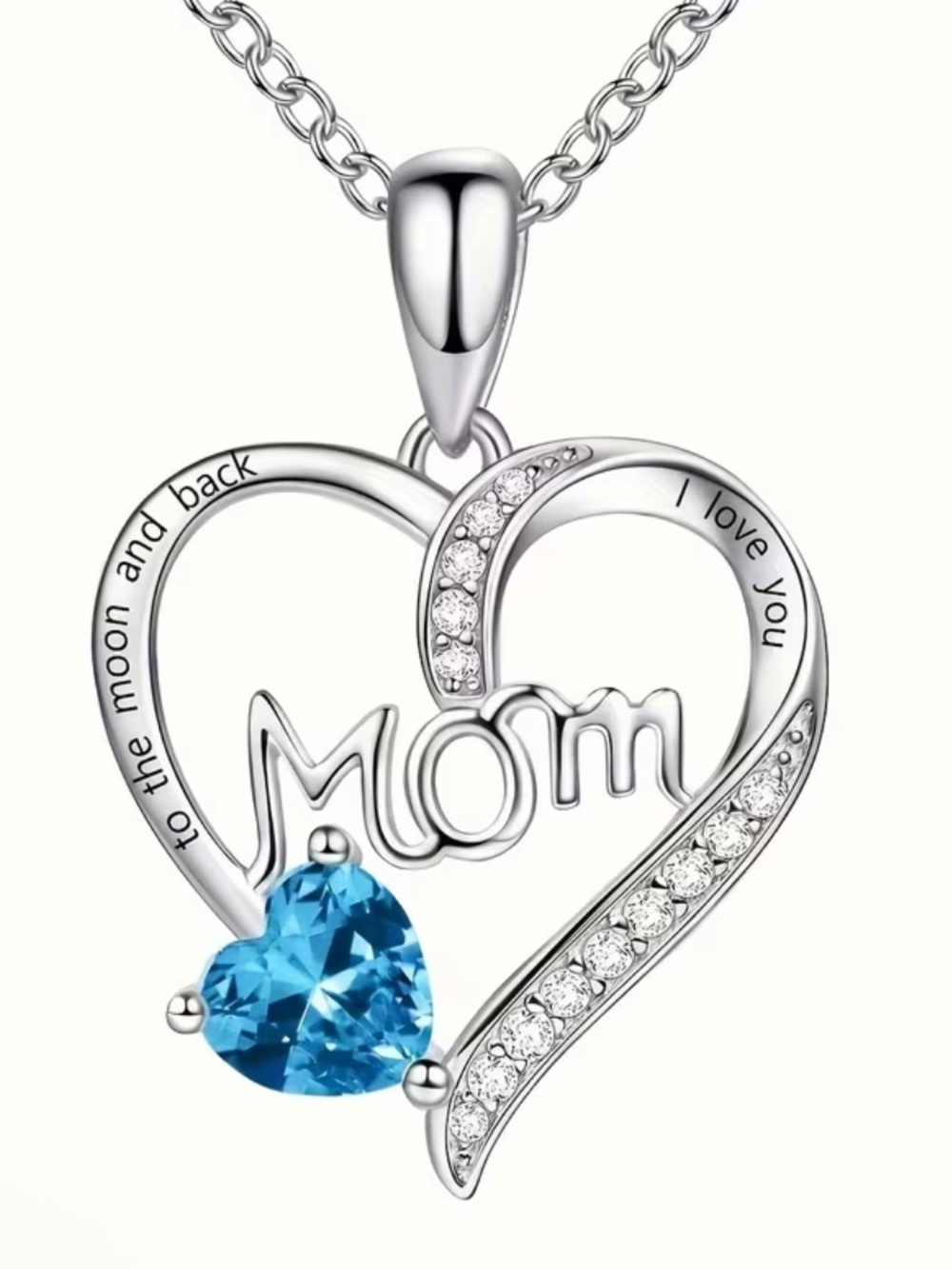 Silver 'Mom' Blue Heart Pendant Necklace